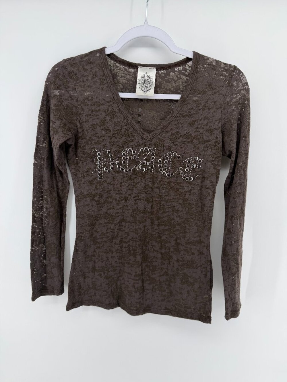 Vocal Apparel Brown Peace Rhinestone Long Sleeve Burnout V-Neck Top Y2K